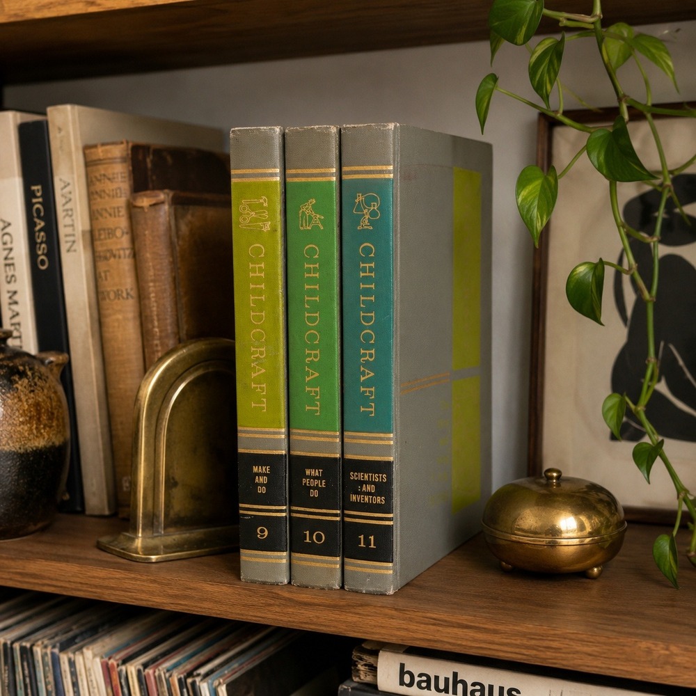 Vintage Childcraft Books Set of 3 Gray Green Mid Century Decorative Book Decor